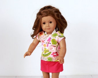 18 inch american girl doll outfit top & skirt, tropical theme bird pattern, pink and green