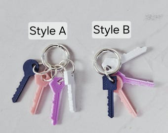 May include: Two keyrings, each with a silver ring and several colourful keys. Style A features a navy, pink, purple, and white key. Style B has a navy, pink, purple, and white key. The text "Style A" and "Style B" are above each keyring.