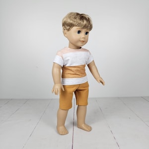Gold Stripe shirt and shorts 18 inch doll, modern stripe. Boy doll clothing