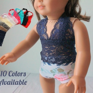 18&quot; doll lace bralette or crop top: pink, white, blue, or red, fits 18 inch doll clothes, trendy summer top 10 COLORS