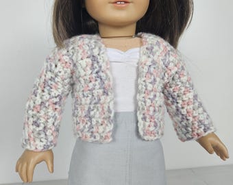 18 inch doll hand crochet sweater cardigan fits like American girl 18" doll, pink, purple and white cardigan, made by hand. DUTY FREE to USA