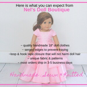 May include: A pink dress for an 18-inch doll with a white lace trim. The dress has a ruffled skirt and is handmade with serged edges. The text "Handmade: Sewn & Knitted" is written in pink on a white background.