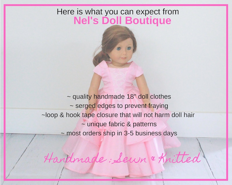 May include: A pink dress for an 18-inch doll with a white lace trim. The dress has a ruffled skirt and is handmade with serged edges. The text "Handmade: Sewn & Knitted" is written in pink on a white background.