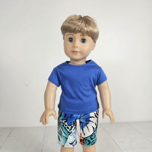 Doll boy clothes, 18 inch doll shorts & tanktop, beach theme, bright colors, blue shirt. Boy doll clothing