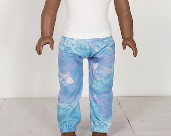 Tie dye pants, lounge pants for 18 inch doll. Blues and purple fabric. Fits like American girl clothing.