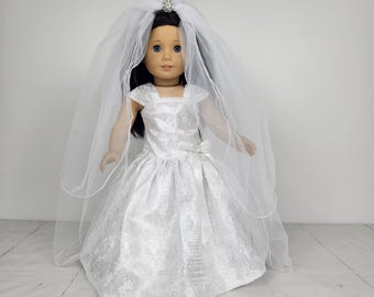 First communion or wedding dress & veil, fits 18 inch dolls, princess style doll bridal gown / ball gown. Flower girl gift. DUTY FREE to USA