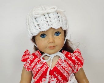 Doll hand knit bonnet, 18 inch doll clothes, white doll accessories hat with ties