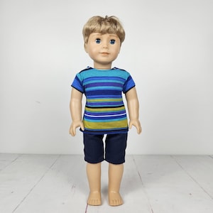 Stripe & Blue 18 inch doll shorts and shirt, modern stripe, blues and greens. Boy doll clothing