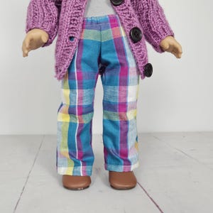 18 inch doll bell bottom pants, teal & pink plaid with elastic waist, fits like American girl doll pants