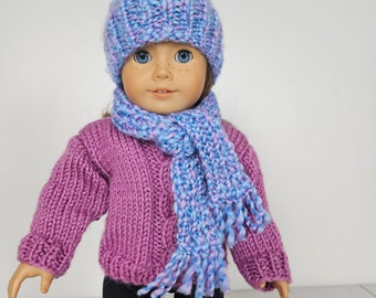 Doll toque and scarf set, 18 inch doll clothes, hand knit doll accessories winter hat for 18" doll