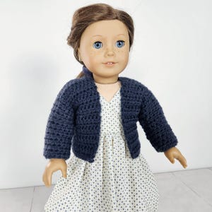 18 inch doll hand crochet sweater cardigan fits like American girl or 18&quot; doll, blue cardigan, made by hand. DUTY FREE to USA