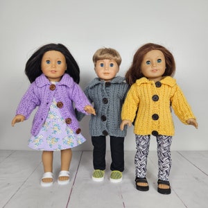 Hand knit doll sweater 18 inch doll clothes, lavender, grey & yellow with buttons 18 inch doll, layering piece as cardigan. NEW COLORS!!