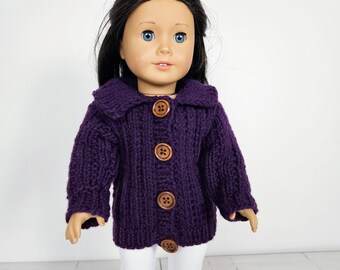 Hand knit doll sweater 18 inch doll clothes, white & brown buttons 18 inch doll, layering piece as cardigan. DUTY FREE to USA