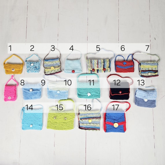 NEW!! Mini hand knit purses / bags accessory for 18" dolls and kids, super cute and kids love them for imaginary play. DUTY Free to USA