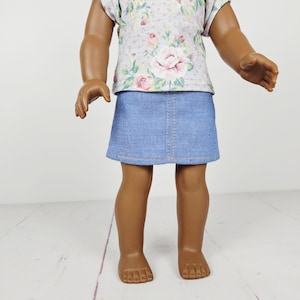 18 inch doll light blue skirt, summer doll clothes, Doll clothing fits like american girl. Denim-like skirt