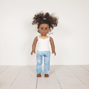 Tie dye pants, lounge pants for 18 inch doll. Blues and purple fabric. Fits like American girl clothing.DUTY FREE to USA