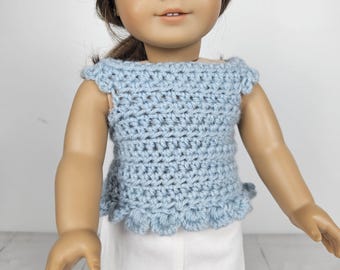 18 inch doll top cardigan sweater top, Dusty Blue, Fits like American doll clothing. DUTY FREE to USA