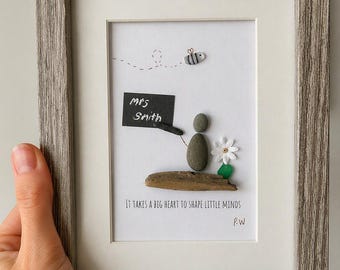 Personalised Teacher Pebble Art | Handmade Thank You Gift, Bee Flower Blackboard Decor