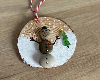 Pebble Art Snowman Christmas Tree Hanging Decoration