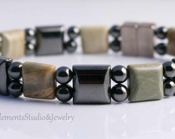 Silver Leaf Jasper and Magnetic Hematite Bracelet, Magnetic Therapy Bracelet