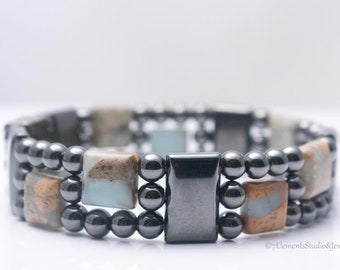 Magnetic Hematite and Aqua Terra Jasper Bracelet, Healing Therapy Bracelet