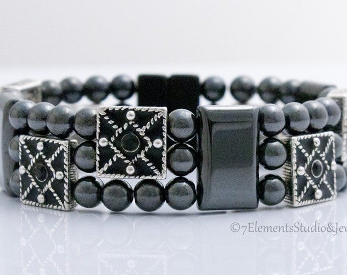 Magnetic Hematite and Enameled Pewter with Black Swarovski Crystals Bracelet, Magnetic Therapy Bracelet