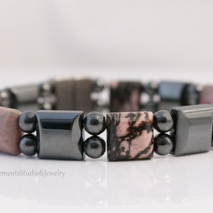 Rhodolite and Magnetic Hematite Bracelet, Magnetic Therapy Bracelet