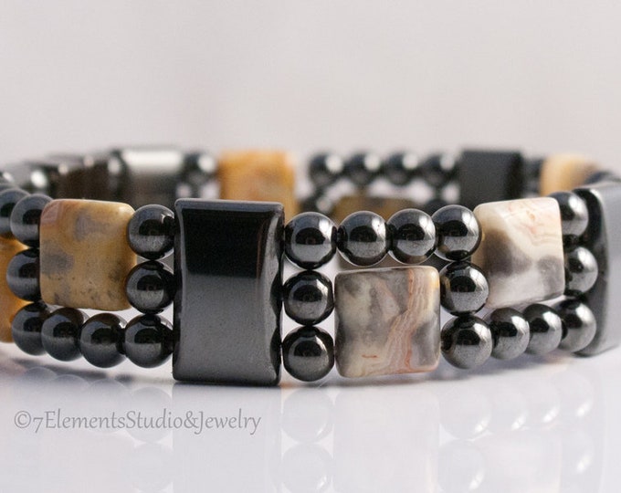 Crazy Lace Agate and Magnetic Hematite Bracelet, Magnetic Therapy Bracelet