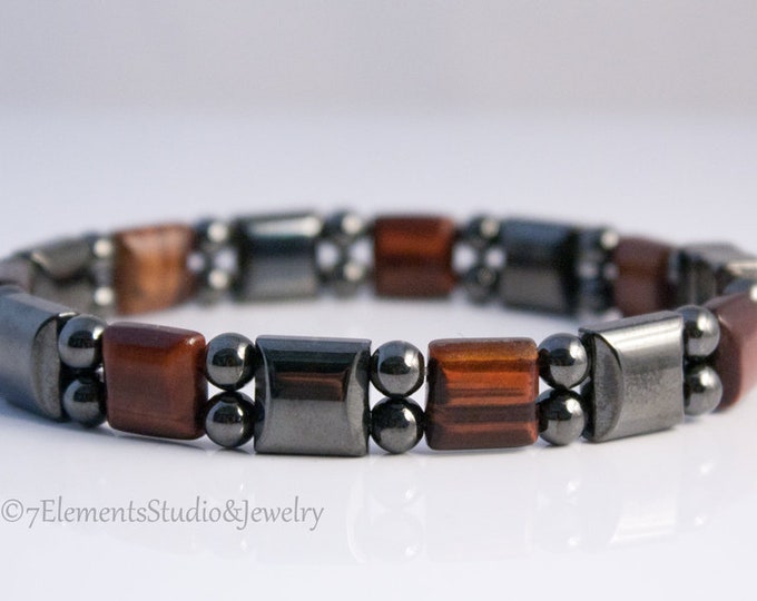 Magnetic Therapy Bracelet, Red Tiger Eye and Magnetic Hematite Bracelet