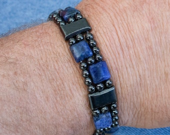 Sodalite and Magnetic Hematite Bracelet, Magnetic Healing Therapy Bracelet
