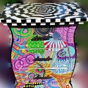 Funky Hand Painted Chest, Small Colorful End Table, 4 Drawer Chest, Unique Painted Furniture-SOLD