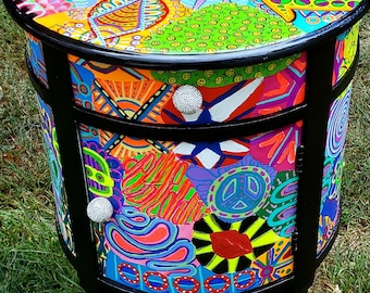 Funky Whimsical Painted Cabinet, Glow in the Dark table, Colorful Table, One of a Kind Cabinet- SOLD