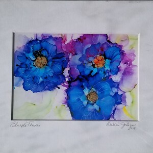 Blue Flower Art Print, Alcohol Ink Print image 2