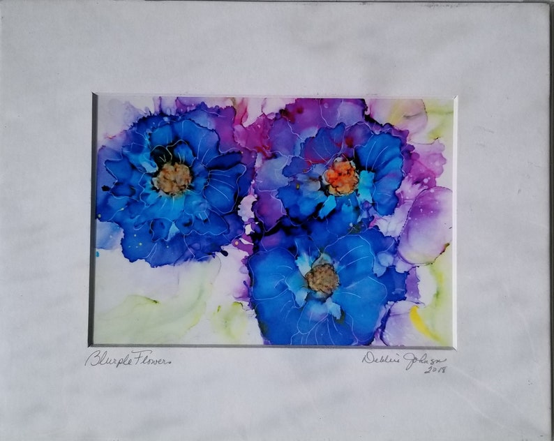Blue Flower Art Print, Alcohol Ink Print image 2