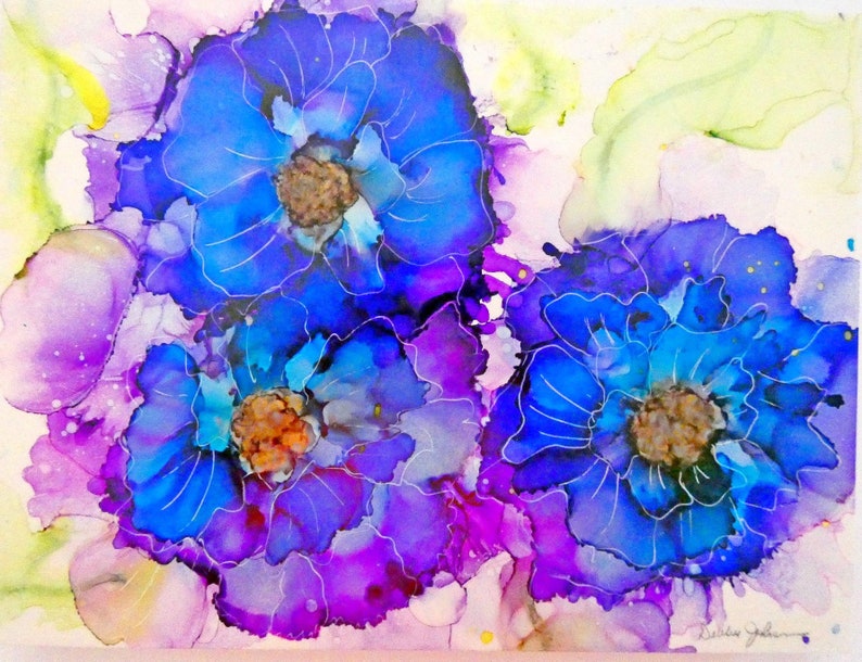 Blue Flower Art Print, Alcohol Ink Print image 1