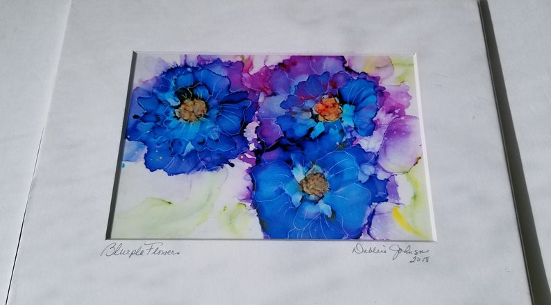 Blue Flower Art Print, Alcohol Ink Print image 3