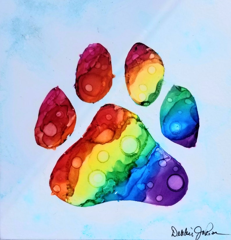 Rainbow Paw Art Print, Alcohol Ink Print image 1