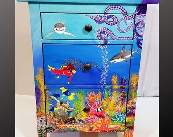 Ocean Themed Hand Painted Furniture, Under Sea Chest of Drawers, Whimsical Painted Chest, Glow in the Dark- SOLD