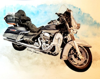 Watercolor Motorcycle Portrait, Harley Davidson, Blue Hog, SOLD