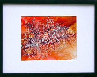 Alcohol Ink Painting Print with Doodles - Framed