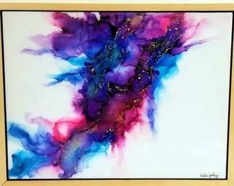 Alcohol Ink on Wood Painting with Resin Finish and Custom Made Float Frame