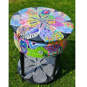 Round Hand Painted Table, Funky Side Table, Colorful Table, One of a Kind, Unique Living Room Table, Glow in the Dark Table