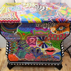 Funky Painted Bombay Chest, Whimsical Furniture, Psychedelic Art, Painted Chest, Glow in the Dark, Hand Painted Furniture-SOLD