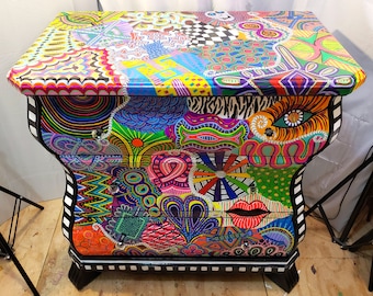 Funky Painted Bombay Chest, Whimsical Furniture, Psychedelic Art, Painted Chest, Glow in the Dark, Hand Painted Furniture-SOLD