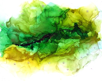 Alcohol Ink Painting with Resin 8" x 10", Green and Yellow Artwork