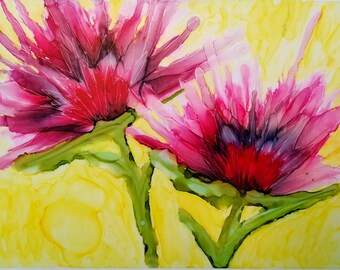 Red Flowers Art Print, Alcohol Ink Print