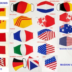 Könnte beinhalten: Eine Sammlung von Gesichtsmasken mit verschiedenen Nationalflaggen, darunter Deutschland, Niederlande, Kanada, Australien, Frankreich, Italien, USA und Großbritannien. Die Masken sind in Reihen angeordnet und mit den Ländernamen beschriftet. Der Text "MASKINI V1", "MASKINI V2", "MASKINI V2-KIDS" und "2in1 wish combi MASKINI V2" ist ebenfalls sichtbar.