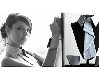 Corbata drapeada para mujer, jabot, diseño exclusivo e innovador, elegante look empresarial neoclásico, puños de cuello grises atemporales, diseño EastMOTION