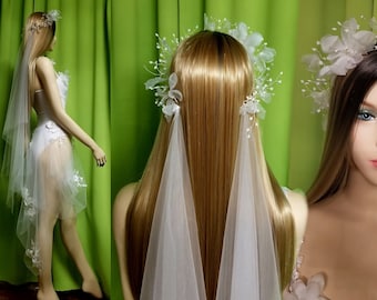 Blumenkranz Braut Schleier 3D-Blüte Elfen Flügel Wasserfall Wunschlänge maßgefertigt Fee zauberhaft zart Hochzeit Blumen Haarschmuck Perlen