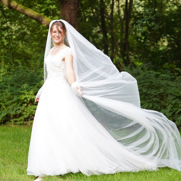 2in1 Braut Schleier mit Kamm und Manchetten mit Perlen Strasssteine Oriental Touch Kathedrale Länge 3,5m Schleppe exklusiv Hochzeit Schmuck